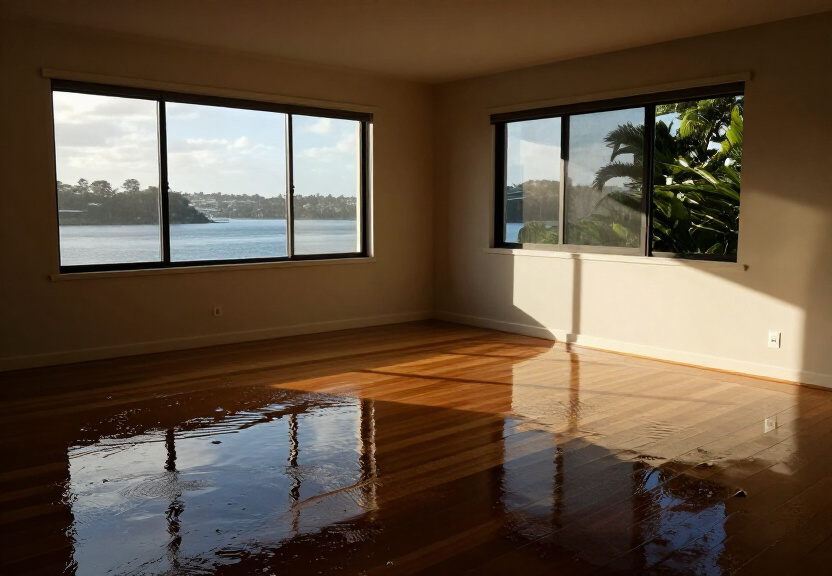 Flooded living room in Campsie with waterlogged carpet and furniture